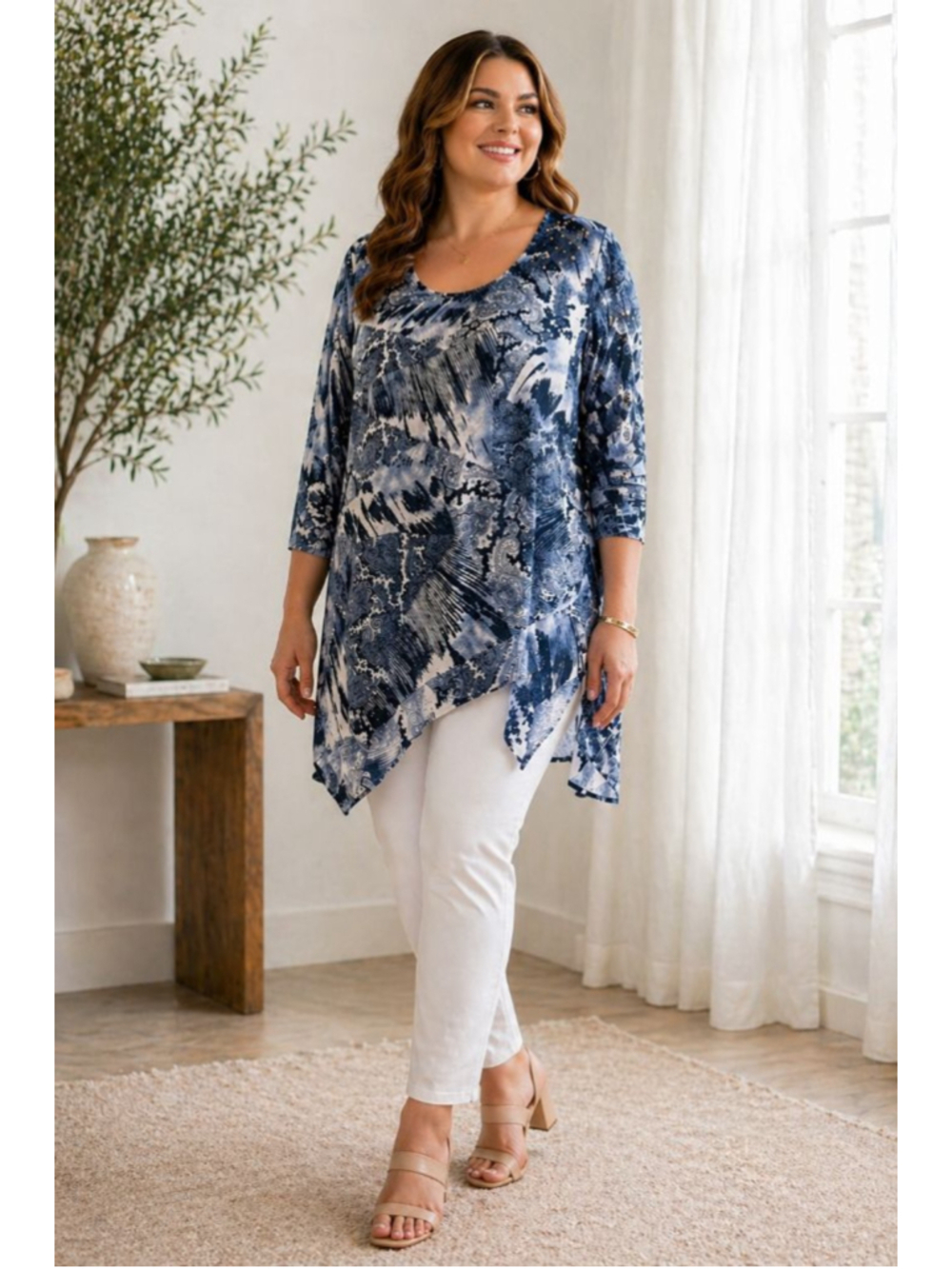 Style & Co Paisley Tunic Top Blue White Embellished Asymmetrical Blouse Size 0X